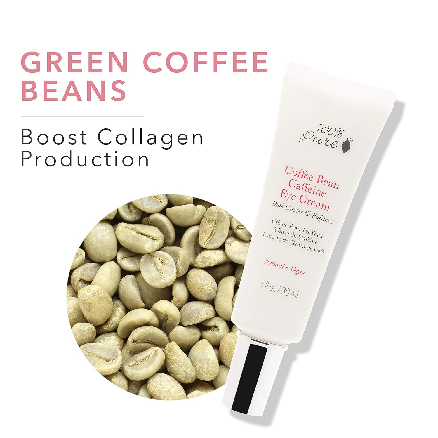 100% PURE Coffee Bean Caffeine Eye Cream for Wrinkles, Anti-Aging, Dark Circles Under Eye Treatment for Eyelids and Under Eye Area - 1 Fl Oz: Beauty