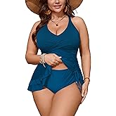 Women's Plus Size Two Piece Tankini Swimsuit Bathing Suits Tummy Control Criss Cross Ruched Ruffle Swim Dress