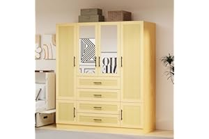 VivaVista 71" H Rattan Bedroom Armoires and Wardrobes, 4 Doors Wardrobe Closet with Mirror & Drawers, Clothes Cabinet Wardrobe Cabinet Closet with Hanging Rods, Wooden Closet Wardrobes for Bedroom