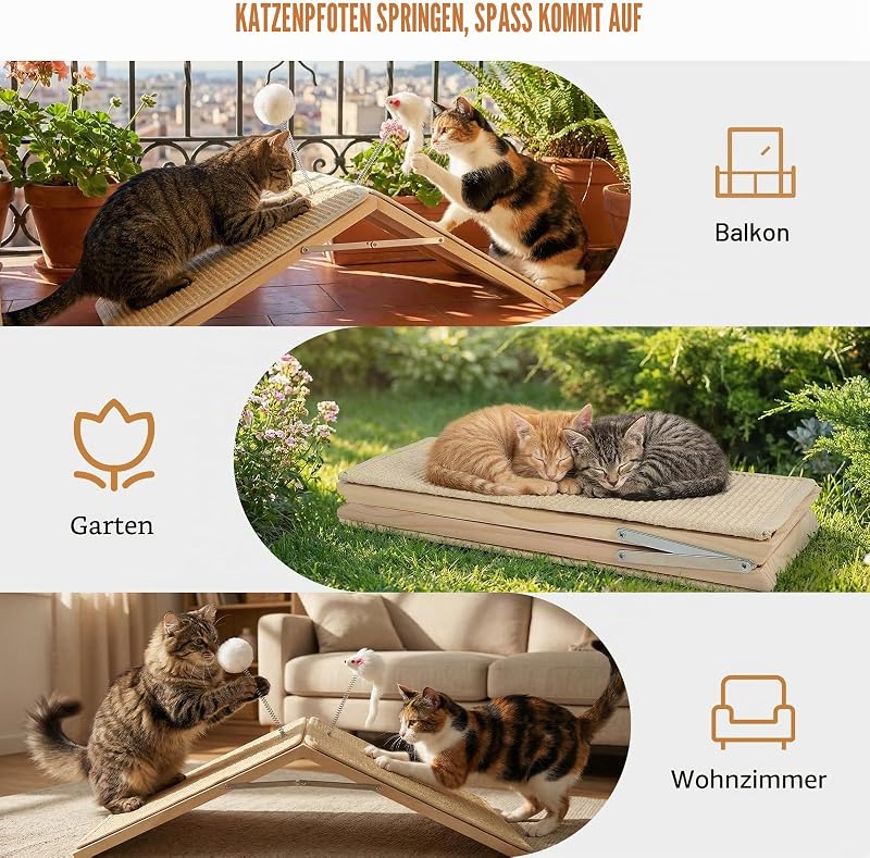 Kratzrampe für Katzen, Sisal Kratzbrett Holzrampe, Faltbares Dreieck Katzenkratzbrett mit 2 Federplüschspielzeugen, Möbel Schutz Kratzmatte für Mehrere Haustiere Innenraum Non-Slip