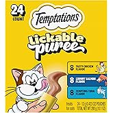 Temptations Creamy Puree Cat Treats, Chicken, Salmon &amp; Tuna, 24 Count | Chicken, Salmon, Tuna flavors, under 15 cal/tube, no added sugar/fillers, squeezable treat or meal topper, great for seniors