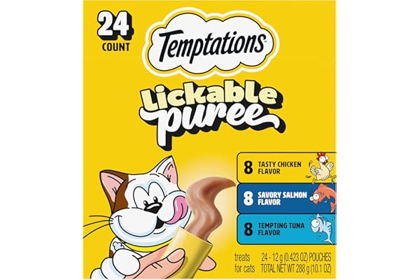 Temptations Creamy Puree Cat Treats, Chicken, Salmon & Tuna, 24 Count | Under 15 calories per tube, great for senior cats, no chewing required, no added sugar, fillers, or artificial preservatives