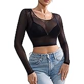 Banamic Women Mesh Crop Tops Long Sleeve See Through Shirt Sheer Blouse Crewneck