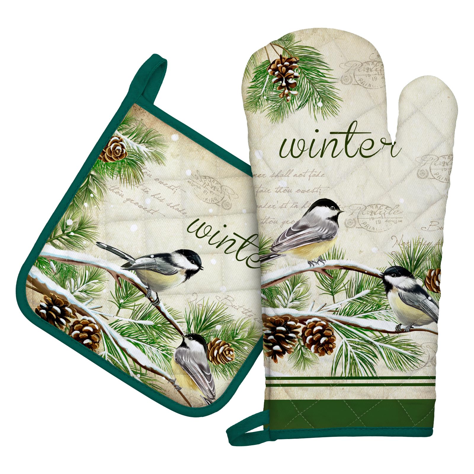 Arquiel Winter Bird Oven Mitts and Pot Holders -100% Cotton, Heat Resistant Extra Long Oven Gloves & Hot Pads for Cooking BBQ Grilling Baking Gift, Set of 2