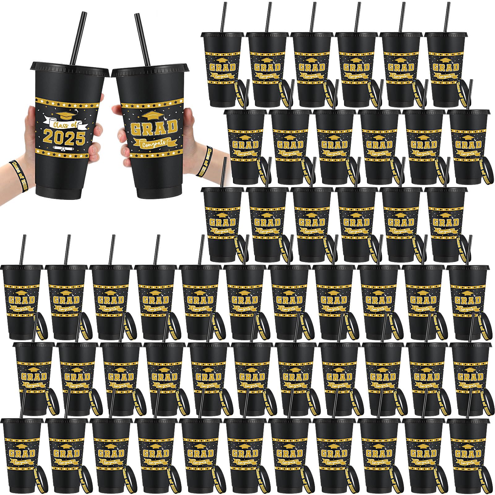Photo 1 of Skylety 50 Set / 100 Pcs 2025 Graduation Gifts Set Bulk Plastic 24oz Graduation Cups with Lid Straw and Class of 2025 Bracelet for Congrats Grad Events(Black)