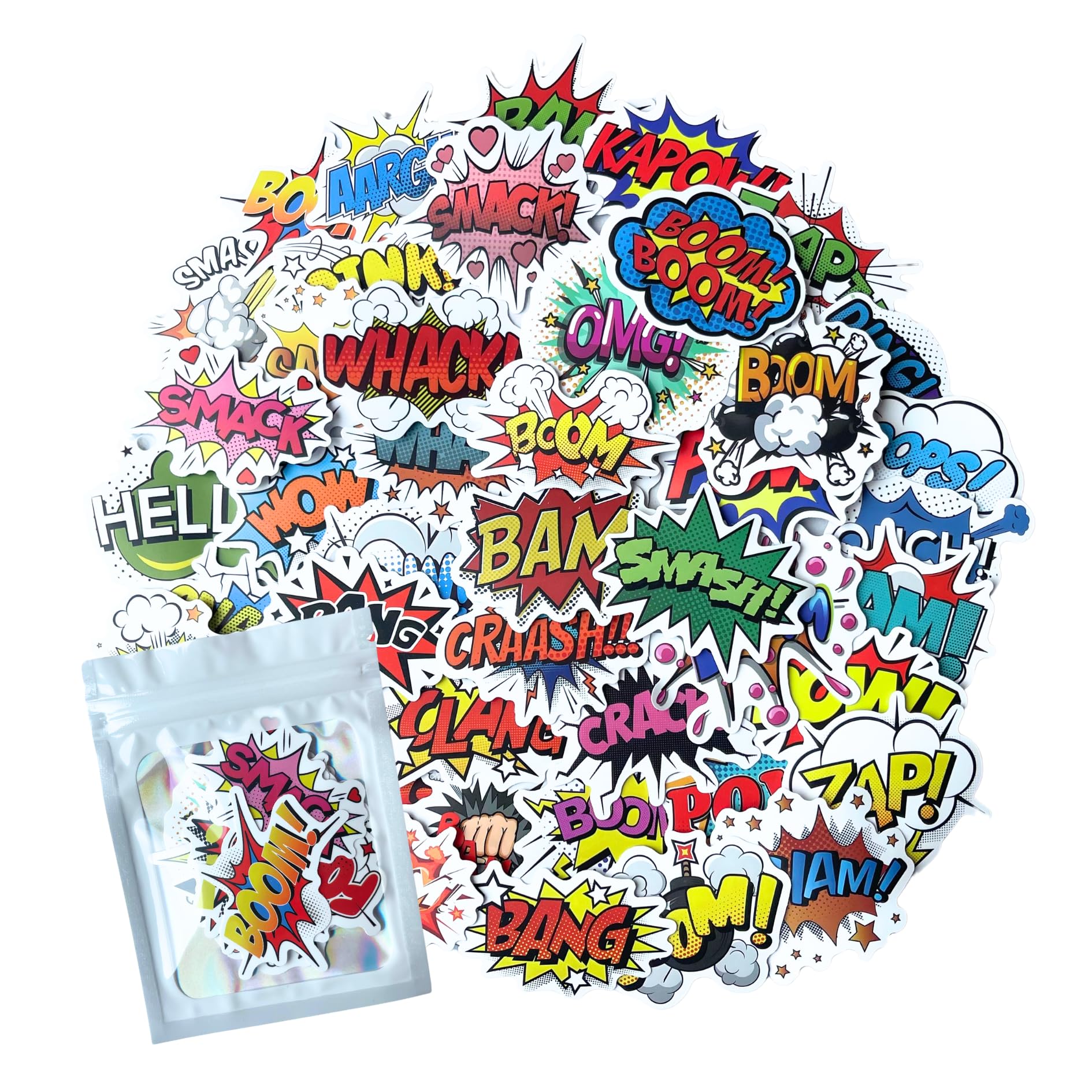 HNTR® Comic Book Stickers | 50 POW! Boom! BAM! Superhero Stickers for Kids and Adults | Fun for Sticker Book, Scrapbooks and Laptop Decoration — image 1