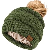 Bebila Women's Ponytail Beanie,Satin Lined Winter Knit Hat Stocking Stuffer | Silky Lining with Ponytail Hole, Anti-Static, Warm &amp; Soft Hat for Messy Bun &amp; Casual Running Gifts for Women