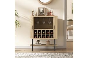 FiveWillowise Coffee Bar Cabinet with Storage, Fluted Wine Cabinet with Sliding Door, Glass Holder and Wine Rack, Buffet Sideboard Liquor Cabinet for Kitchen, Dining Room, Living Room, Natural