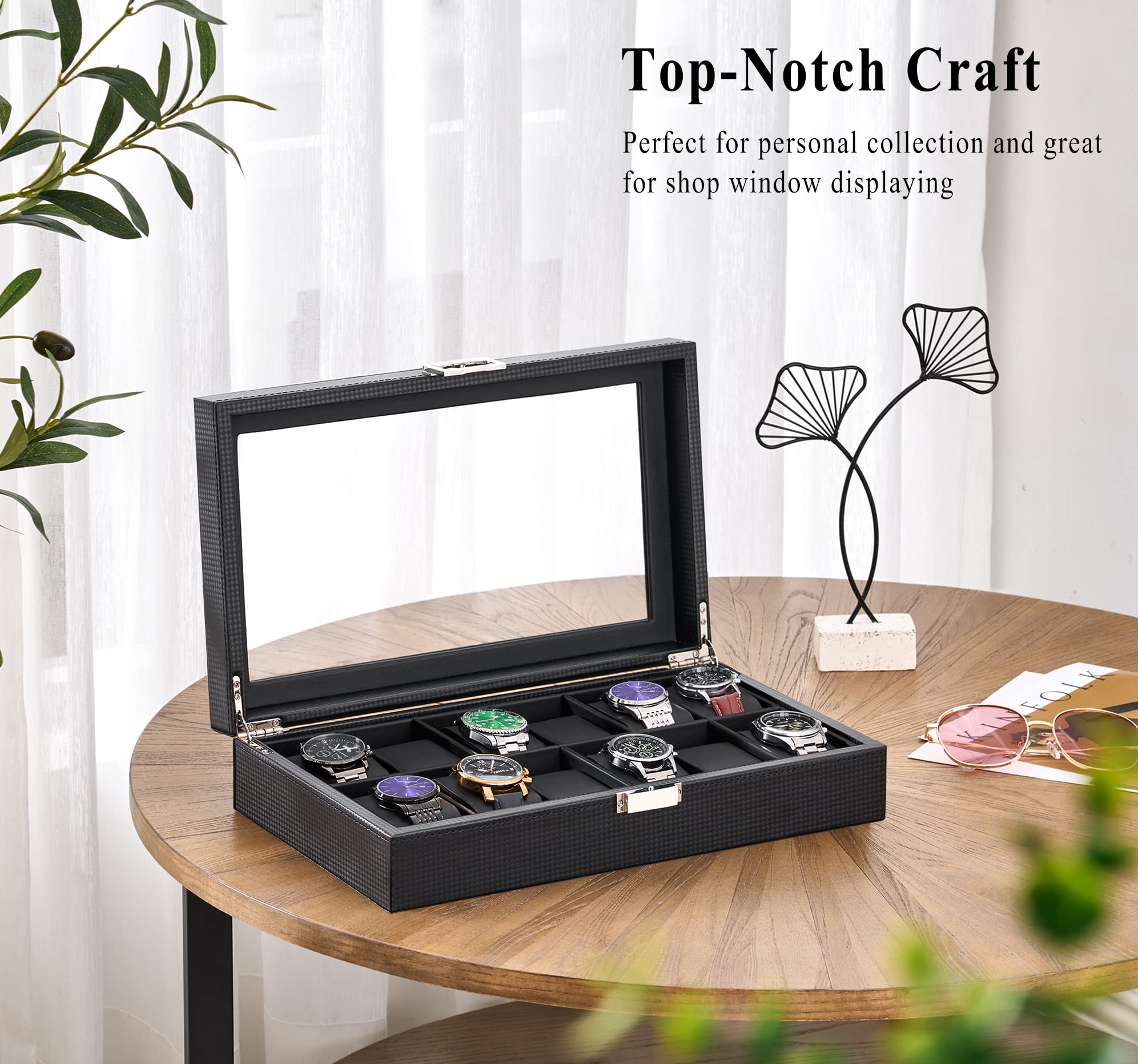 BEWISHOME Watch Case, 12-Slot Watch Box with Large Glass Lid, Watch Case for Men Watch Box Organizer, Mens Jewelry Box Removable Watch Pillows, Black Synthetic Leather, SSH08C