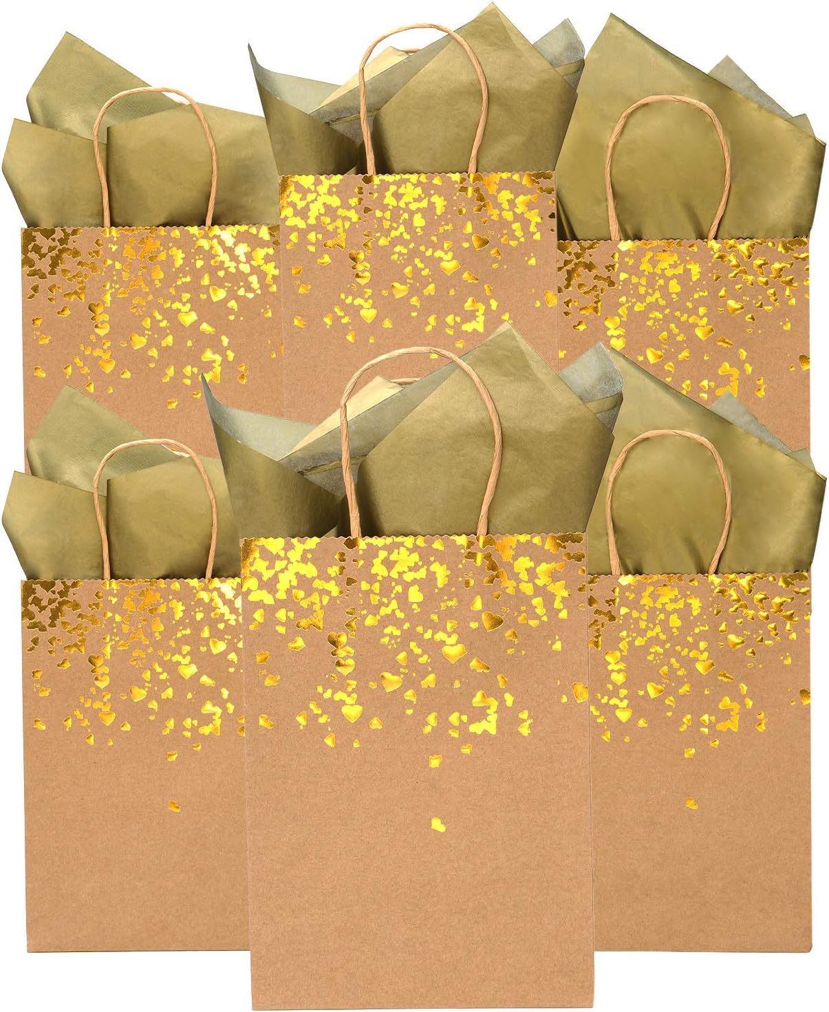 12 Pieces Kraft Paper Bags Hen Party Bags Bronzing Bag Bride Gift Birthday Bag with 12 Sheets Tissue Paper for Wedding Keepsake Night Celebrations Party Favour (Upper-bronzing hearts)