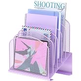 Delifox Inclined Desk File Organizer,Vertical File Folder Holder Stand Metal Rack File Sorter for Office Classroom Desktop Organization (1, Purple, 5)
