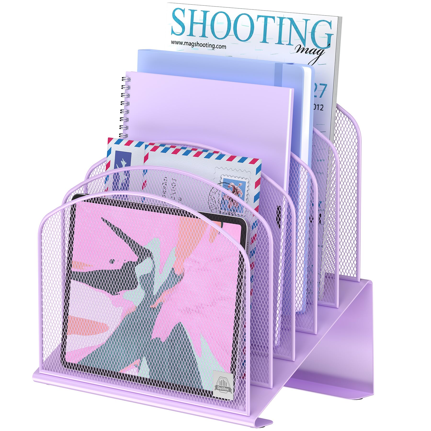 Photo 1 of Delifox Inclined Desk File Organizer, 5-Section Vertical File Folder Holder Stand Metal Rack File Sorter for Office Classroom Desktop Organization (Purple, 1Pack)