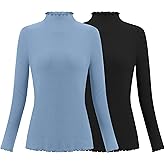 Herou 2 Pack Women Lettuce Trim Ribbed Knit Long Sleeve Top Mock Neck Basic Layer Tops Turtleneck Thermal Underwear Tops