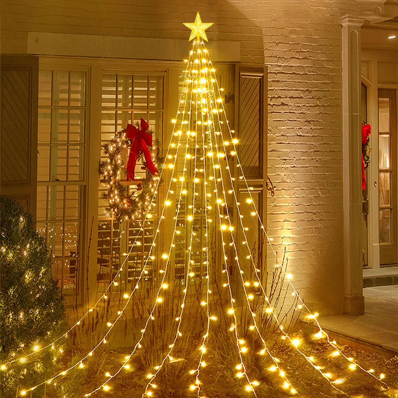 Acxilexy Waterfall Tree Lights, 2m/ 6.56ft x 9 Lines USB Christmas Tree Lights with Topper Star, 198 LEDs Waterproof Fairy Lights with 8 Lighting Modes for Indoor Outdoor Xmas Tree Garden Decor