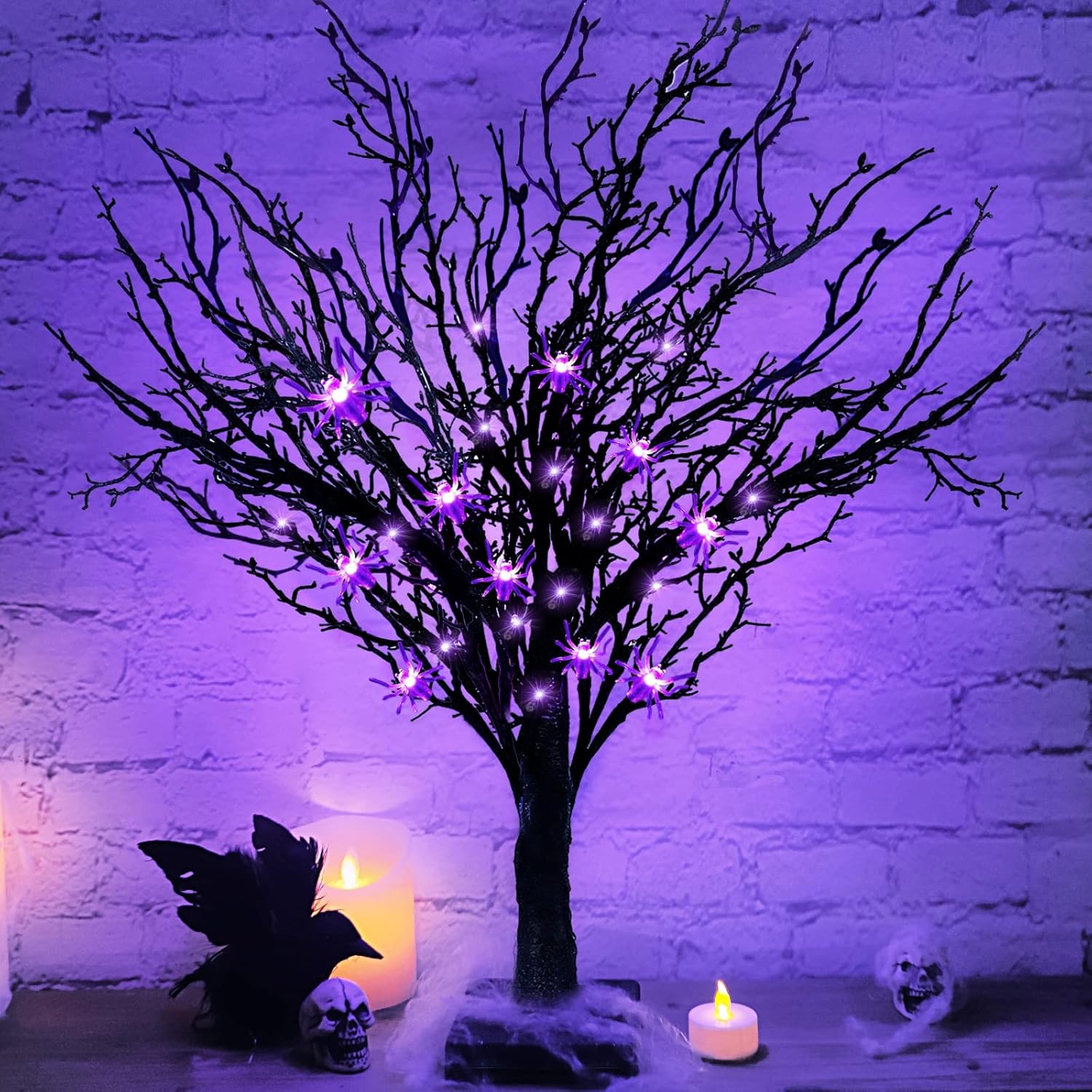 Trees - TURNMEON 2FT Prelit Halloween Black Tree Decor with Timer, 25 Spider & 24 Purple Lights Halloween Battery Operated Spooky Artificial Tree Halloween Indoor Tabletop Home Holiday Decoration