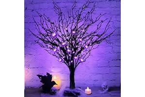 TURNMEON 2FT Prelit Halloween Black Tree Decor with Timer, 25 Spider & 24 Purple Lights Halloween Battery Operated Spooky Artificial Tree Halloween Indoor Tabletop Home Holiday Decoration