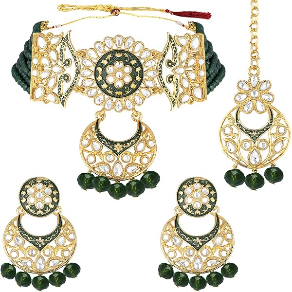 Hair Jewelry Bridal Jewelry Set Aheli Gold Plated Kundan Jewelry Set - Choker, Earrings & Maang Tikka For Women Indian Bridal Jewelry Set Indian Jewellery Sets For Women-261481