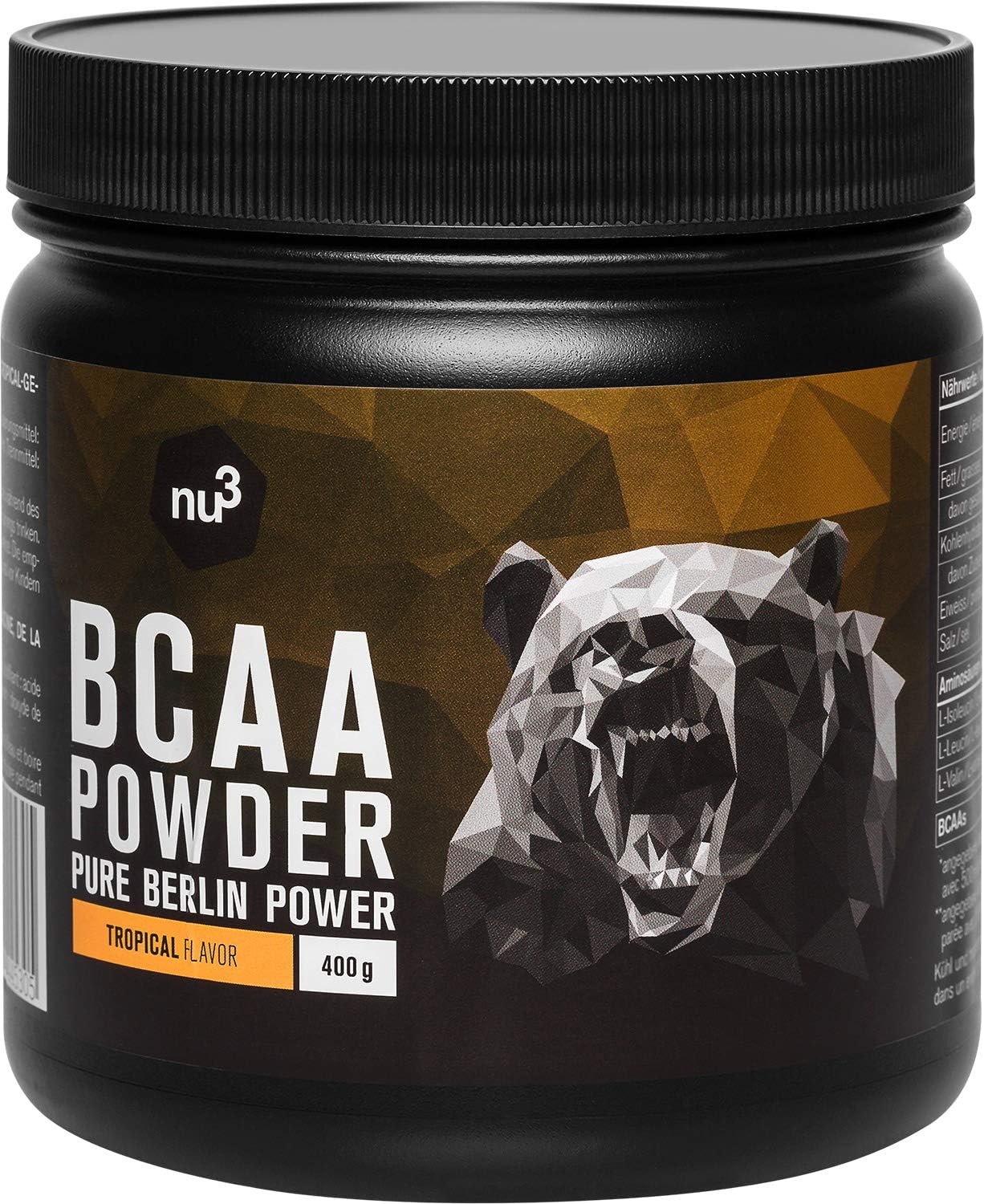 nu3 BCAA Powder Tropical - 400 g BCAA Powder - Exotic Fruits Blend - Optimized Amino Acid Ratio of 2:1:1 - for Bodybuilding & Endurance Athletes - Vegan - Low in Sugar, Free of aspartame
