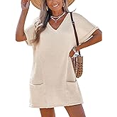 CUPSHE Swimsuit Coverup for Women Waffle Knit V Neck Short Sleeve Beach Coverup Dress with Pockets