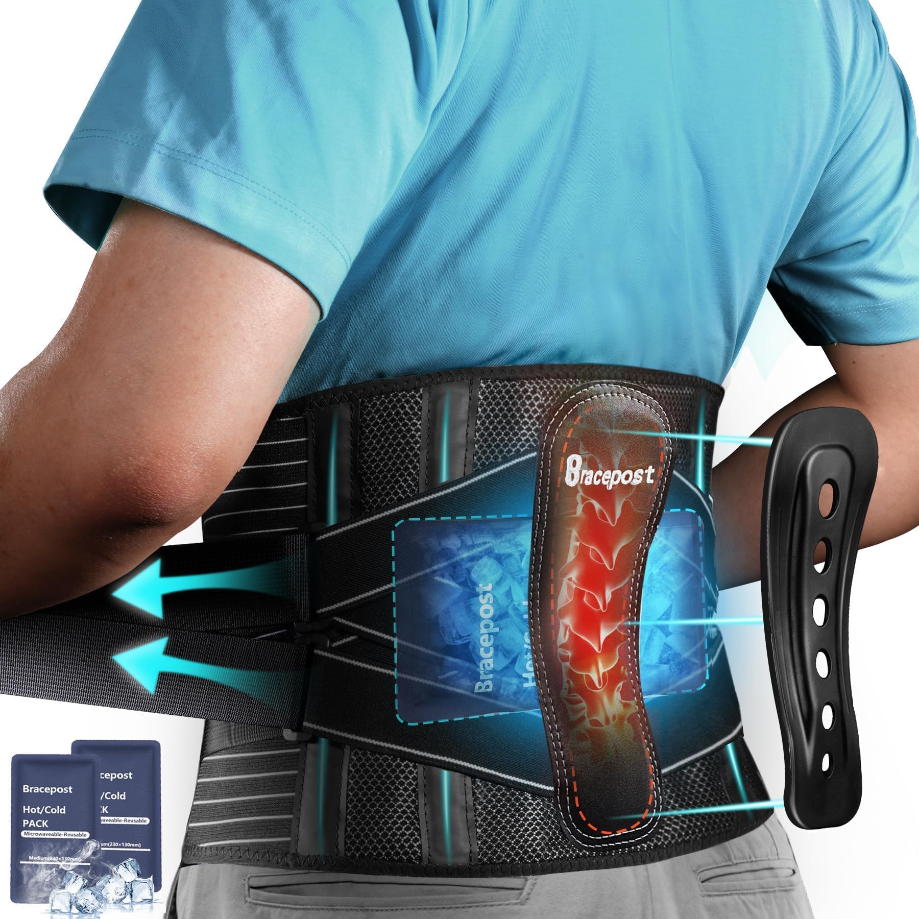 Photo 1 of Bracepost Back Brace for Lower Back Pain,Reusable Ice Pack for Injuries Lumbar Support Belt for Men Women,Bionic Spine Design Back Brace with Cold Pad for Sciatica Herniated Disc,M