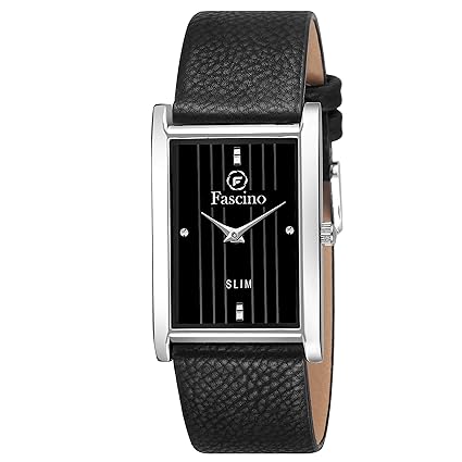 Fascino Mens Watches - Analog Square Black Dial Slim Watch with Leather Belt | FCW 1098-SL
