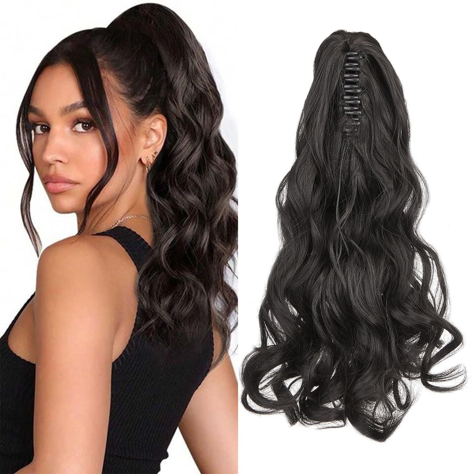 Cybelleza Ponytail Extension Curly Wavy Claw Jaw Pony Tail 18" One Piece Clip in Hair Extensions Ponytail Hairpiece Synthetic Long Natural for Women, Dark Brown