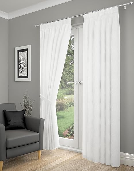 Tonga Crushed White Lined Voile Pencil Pleat Curtains 90x90