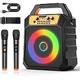Portable Karaoke Machine for Adults Coaxial Speaker with 2 Wireless Microphones,Bluetooth PA System with 5 Dynamic LED Lights Mode,Supports TF/SD/USB,AUX,FM,REC for Home Party (171-black)