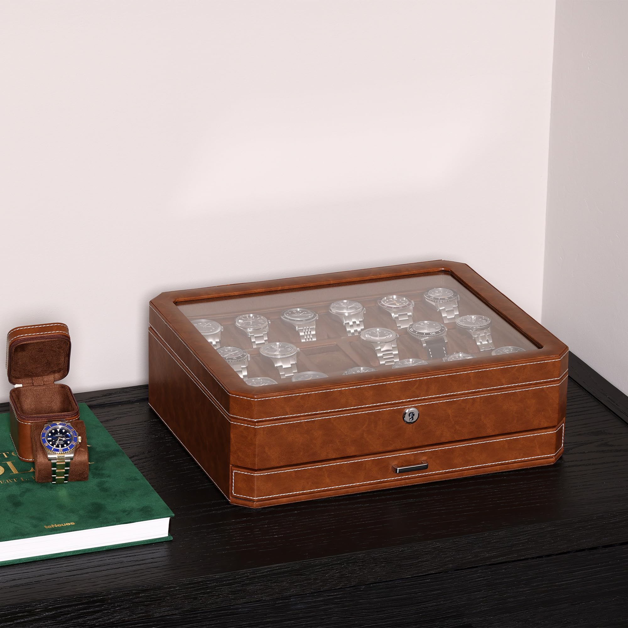 ROTHWELL ROTHWELL 18-Slot Watch Case with Drawer – Luxury Watch Box for Men, Real Glass Top, Lockable, Display Case for Collections (Tan/Brown)