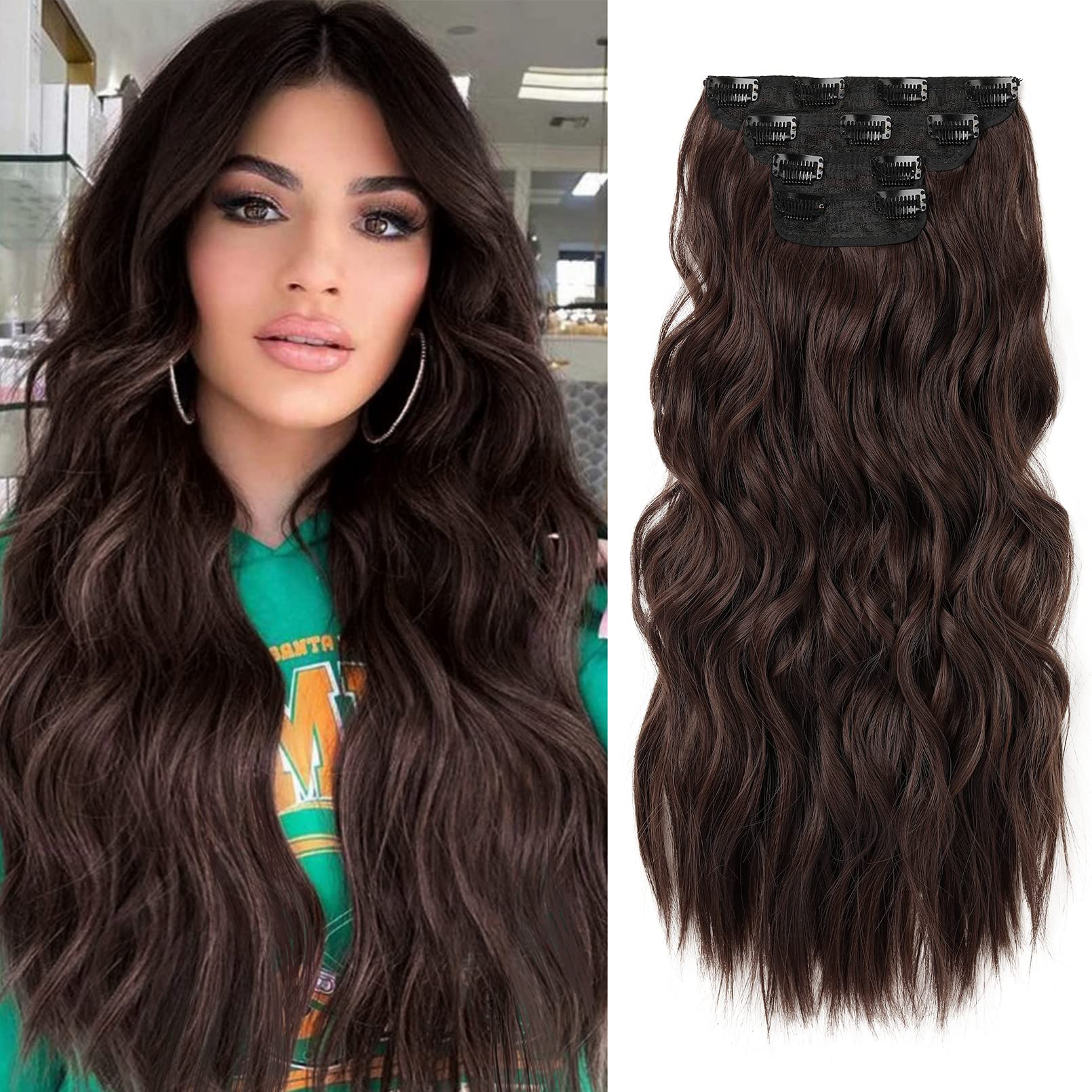 Photo 1 of REECHO Hair Extensions, 4PCS Clip in Hair Extensions HE001 Natural Soft Synthetic Hairpieces for Women (20 Inch-200 Gram (Pack of 4), Dark Brown)