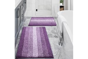 Gibelle Purple Bathroom Rug Set 2 Piece, Chenille Non Slip Bath Mat Set, Absorbent Shower Rug and Bath Room Floor Mats, Quick Dry Bathmat Bathroom Decor Accessories for Tub, 16" x 24", 20" x 32"