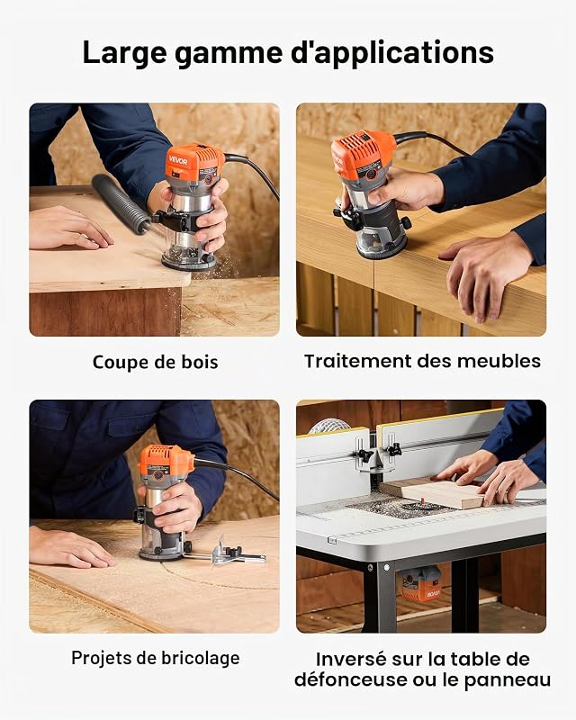 Affleureuse 710 W Défonceuse Compacte 6 Vitesses Variables pour Travail du Bois, Finition, Bricolage, avec Démarrage Progressif, Base Fixe, Capot d'Aspiration Poussière, Guide Parallèle, Filaire