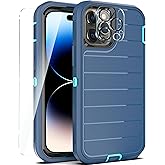YmhxcY for iPhone 14 Pro Max Case [1 Set of Tempered Glass Screen Protector and Camera Lens Tempered Film] Drop Proof 3-Layer Durable Cover/Shockproof Solid Rubber Stripe Case 6.7 inch-Blue/Turquoise