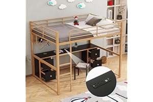 BIADNBZ Metal Full Size Loft Bed with Desk, Storage Drawers and Bedside Tray,Heavy Duty Bedframe with Charging Station, USB and Socket for Bedroom,Gold+Black