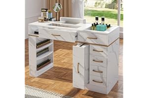 ELEVACHIC Manicure Table Nail Desk w/Electric Dust Collector, Glass Top Versatile Manicure Station for Nail Tech, Includes Wrist Cushion, Storage Cabinet & Drawers, Shelves, for Salon & Home, White