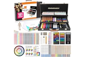 COLOUR BLOCK 181 pc Mixed Media Art Set in Exquisite Wooden Case - Acrylic & Water color Paints, Sketching, Colored Pencils, Soft & Oil Pastels