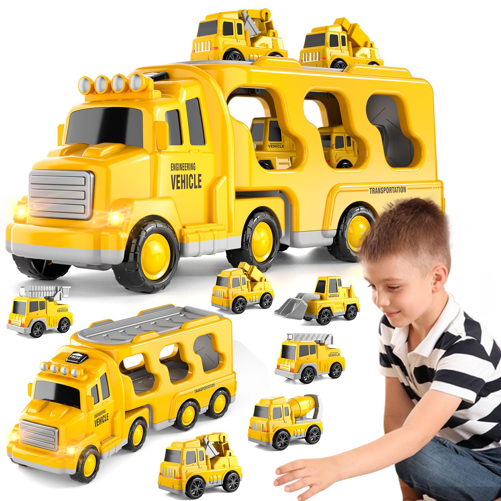 BLmucke 7-in-1 Construction Truck Toys for Boys, Toddler Engine Car Trucks Set for Kids Ages 1 2 3 4 5, Friction Powered Vehicle Set with Lights and Sound, Birthday Gift for Girls 2-6 Years Old