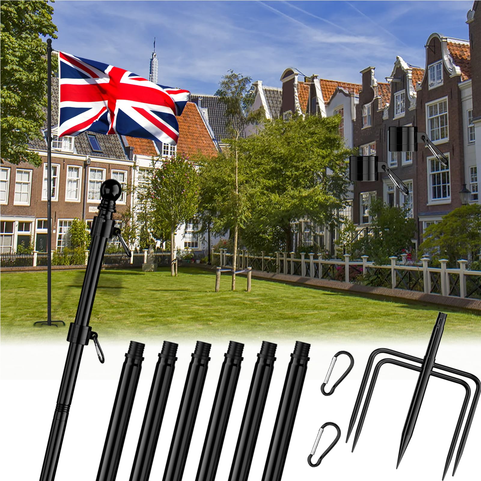 FIASON 9FT Stainless Steel Tangle Free Flag Pole in Ground with 5 Prongs Base, Flag Poles for Outside House Garden Flag Poles Kit(Black, without Flag)