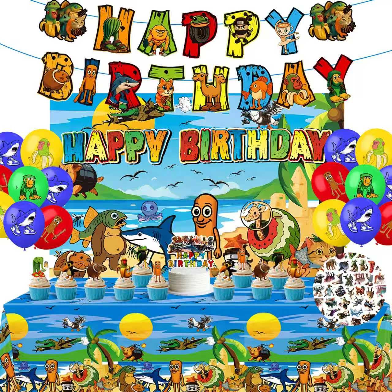 Photo 1 of 146 Pcs Birthday Party Decorations Set - 24 Cake Toppers, 18 Balloons, 1 Happy Birthday Banner, 1 Happy Birthday Back Ground Cloth, 100 Stickers, 1 Large Cake Toppers, 1 Table Cloth, (C-Colorful)