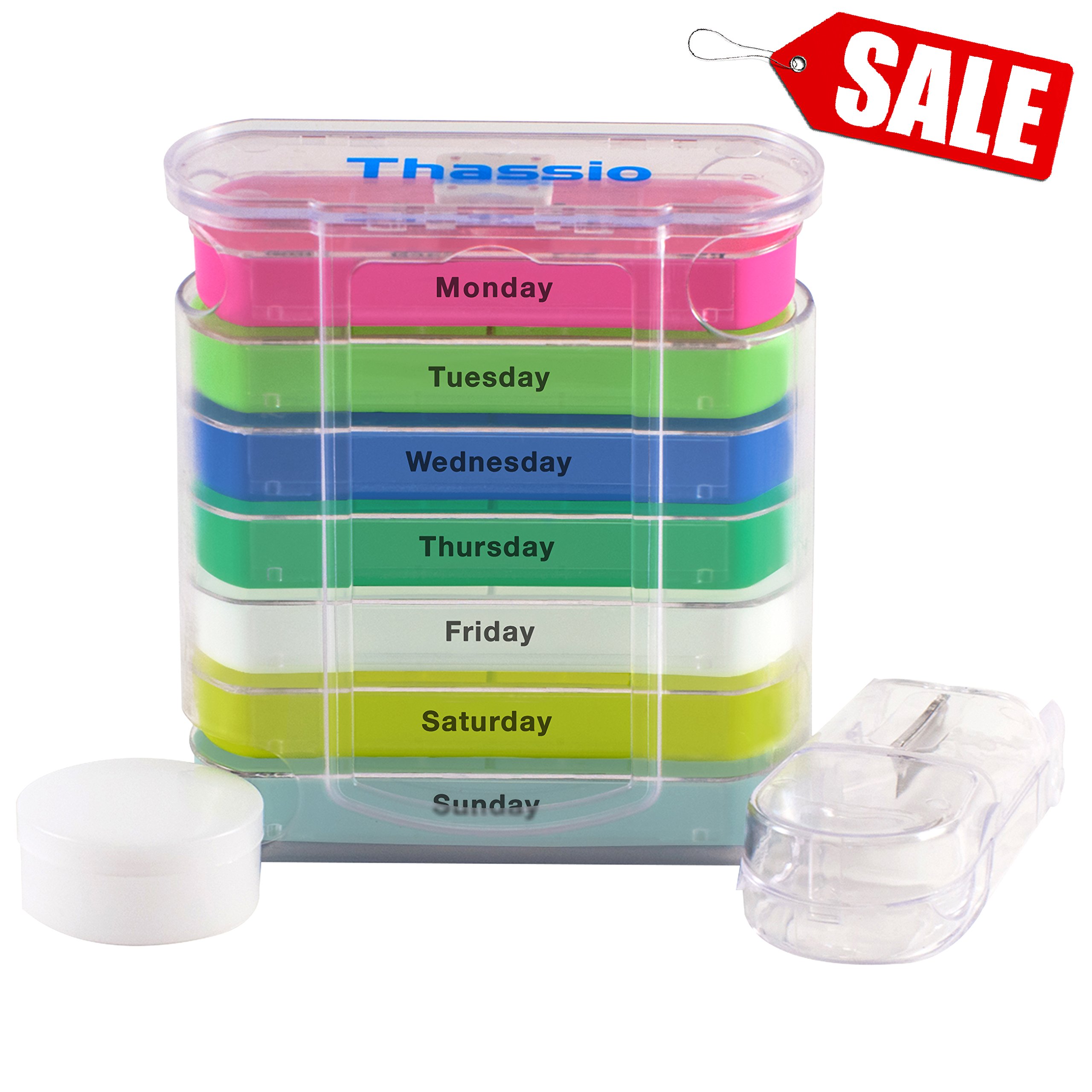 Pill Organizer Box Weekly Case With Pill Splitter Cutter - Premium Design - L.. 21 81petB4JByL