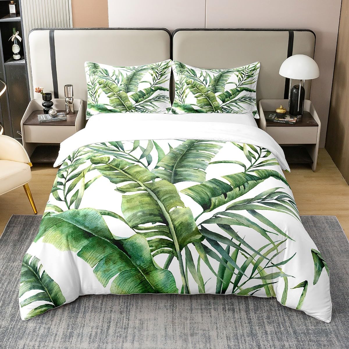 Homewish Organic Cotton Palm Leaf Bedding Set - Banana Leaf Duvet & Quilt Cover - Tropical Plant Soft Comfy Comforter - Super King, White 3 Pcs — image 1