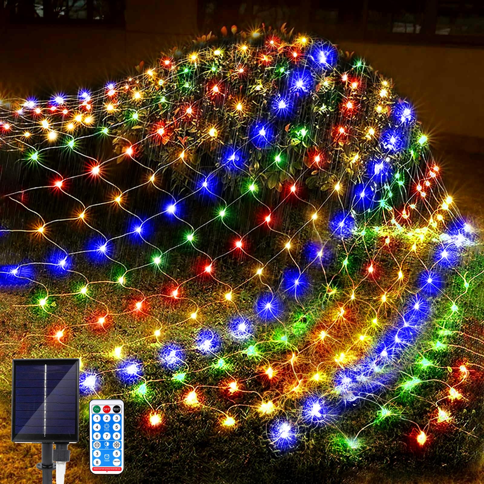 JIMACRO Solar Powered Net Lights Outdoor, 1.5 m x 1.5 m 96LEDs Mesh Fairy Lights with 8 Modes, Remote Control Waterproof Copper Wire Bush Fairy Lights, for Xmas Tree Lawn Bushes Garden Décor