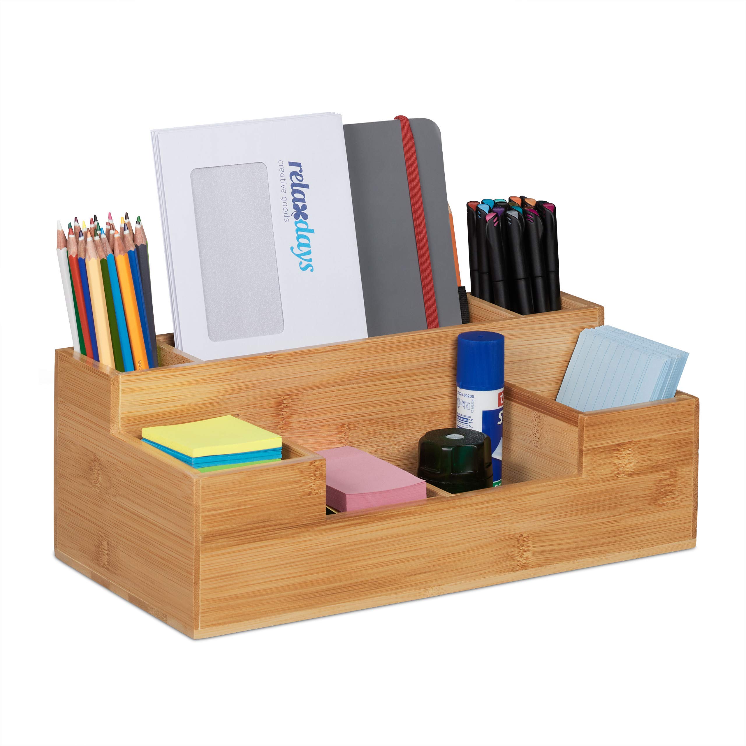 Relaxdays Desk Organiser, 7 Compartments, H x W x D: 11 x 30 x 15 cm, Bamboo, Natural