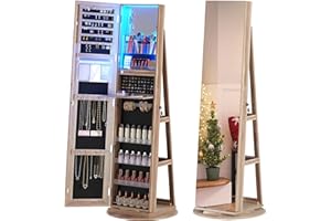 HNEBC 360° Rotating Jewelry Cabinet with Lights, 63" H Standing Jewelry Armoire Organizer with Mirror, Full Length Mirror with Jewelry Storage, Lockable Lagre Jewelry Organizer Stand for Women (Wood)