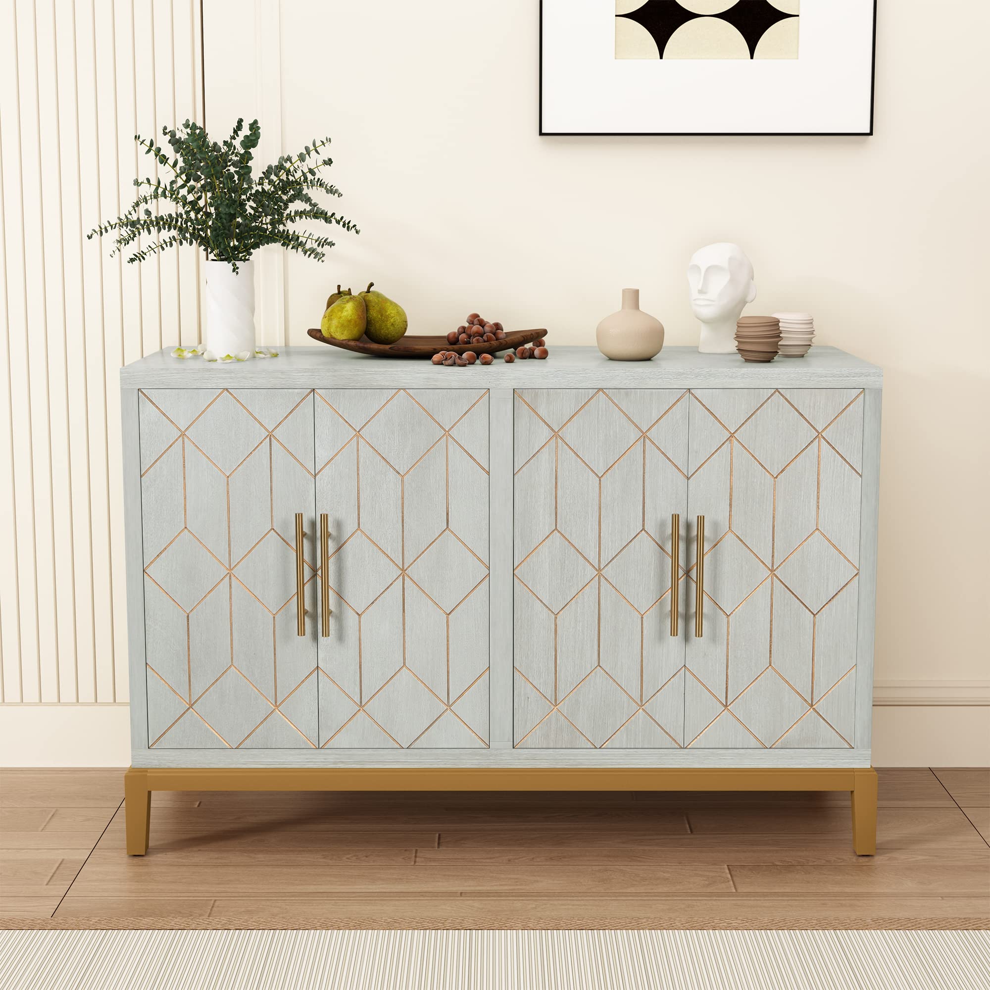 Photo 1 of ****PARTS  ONLY********HLR 48" Accent Cabinet with 4 Doors and Shelves, Modern Credenza Storage Cabinet with Gold Trim, Green Buffet Cabinet for Living Room, Kitchen, Dining Room, Hallway