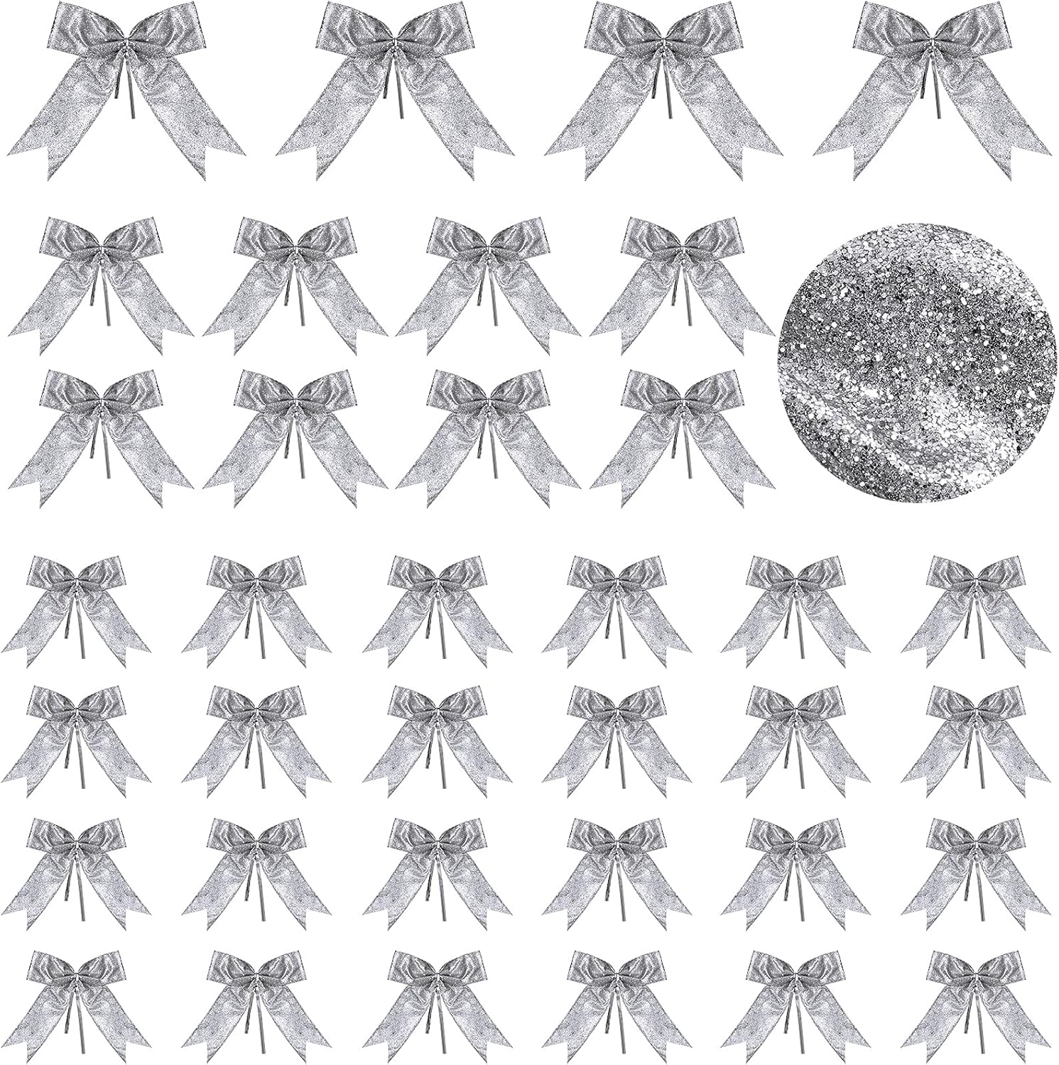 Bows & Ribbons - Waydress 36 Pieces Bow Decor, Christmas Tree Bow Ornament, Glitter Ribbon Bowknot for Wreath Garland, Party Crafts Home Decoration, 3 Sizes 4.3 x 4.7 Inch, 5.1 x 5.5 Inch, 6.3 x 6.7 Inch (Silver)