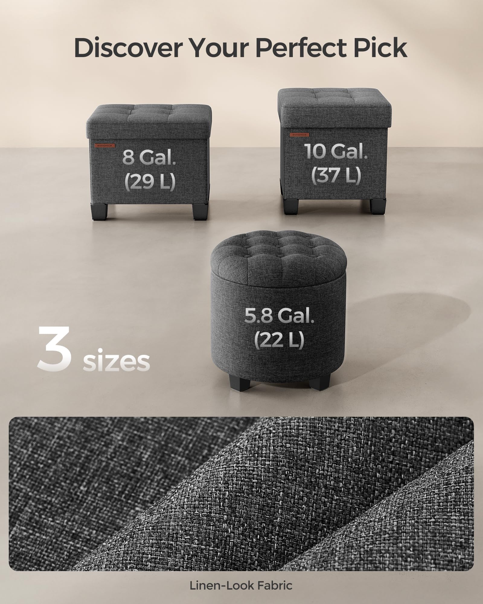 SONGMICS Round Ottoman, Ottoman with Storage, 17.7 Dia. x 17.5 H Inches Foot Rest with Legs, Load up to 330 lb, for Living Room, Bedroom, Dark Gray ULOM011G01 - Image 7