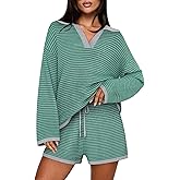 MEROKEETY Lounge Sweater Sets for Women 2 Piece Outfits Casual Long Sleeve Striped Tops Shorts Matching Set