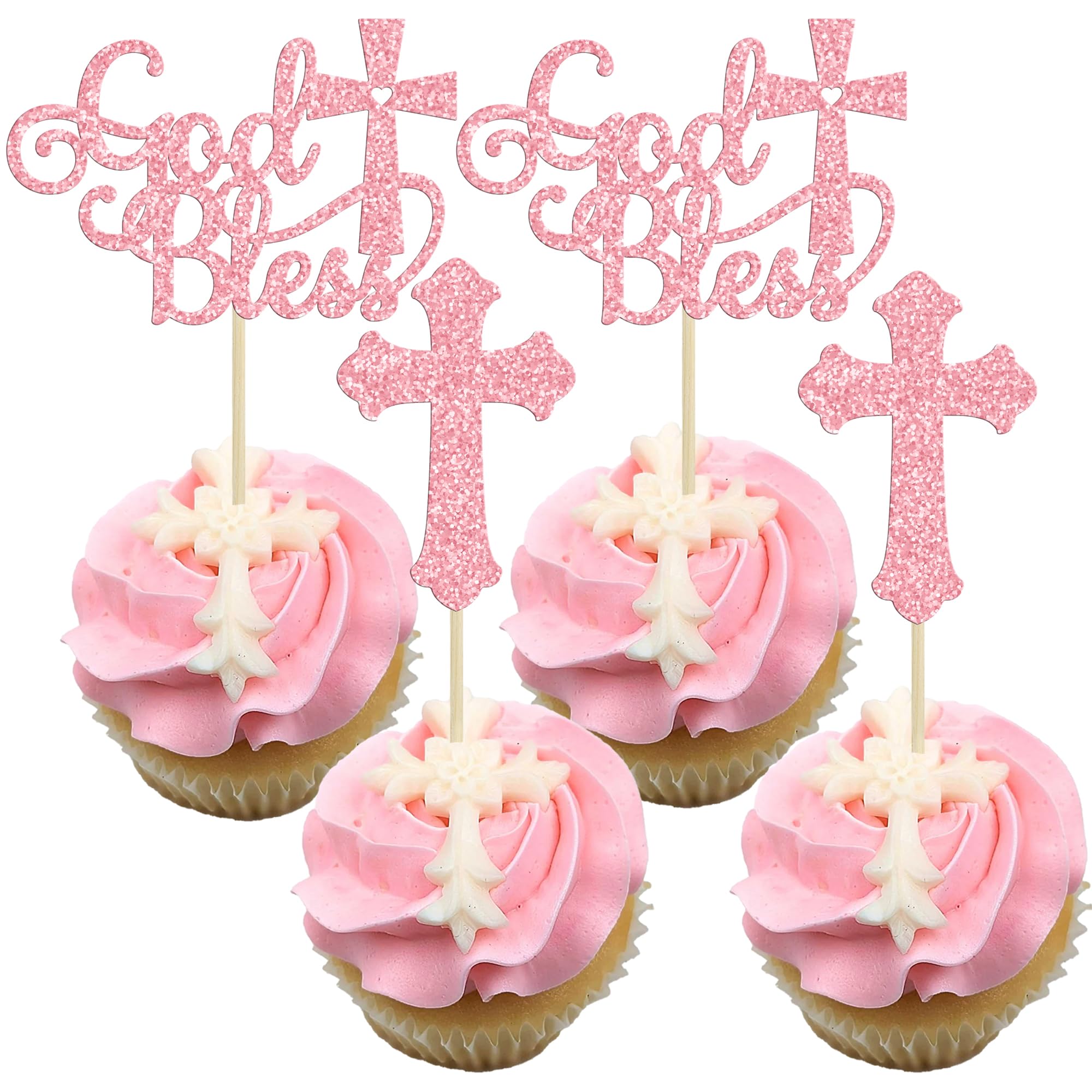 Gyufise 24Pcs God Bless and Baptism Cupcake Toppers Glitter Cross God Bless Cupcake Picks for Christian First Communion Baptism Party Cake Decorations Supplies Pink