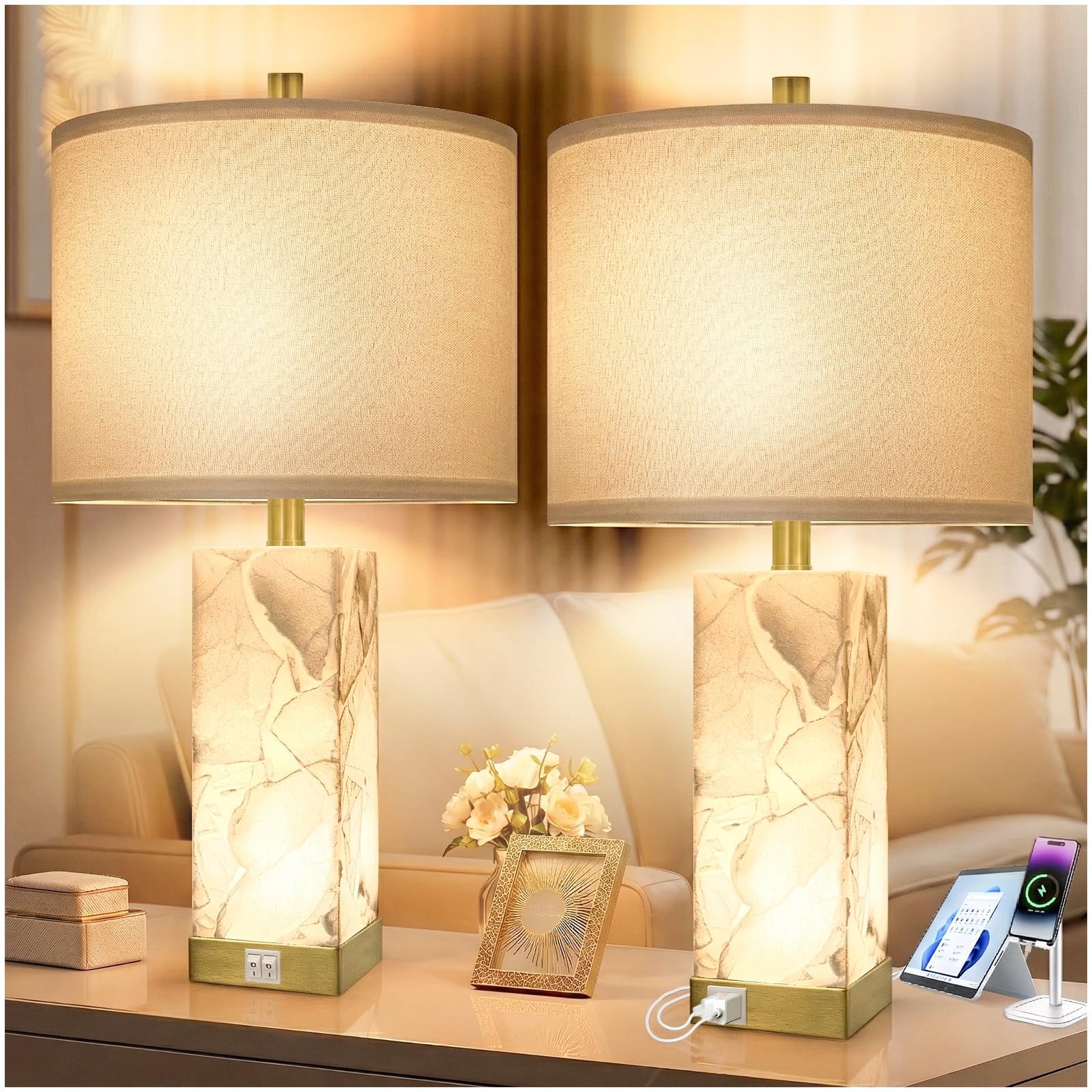 Photo 1 of Scenekoy 23" Alabaster Table Lamps Set of 2 for Living Room Bedroom, Bedside Lamps with USB A+C Ports, Modern Table Lamp with Linen Shade for Living Room Bedroom Nightstand (Bulbs Included)
